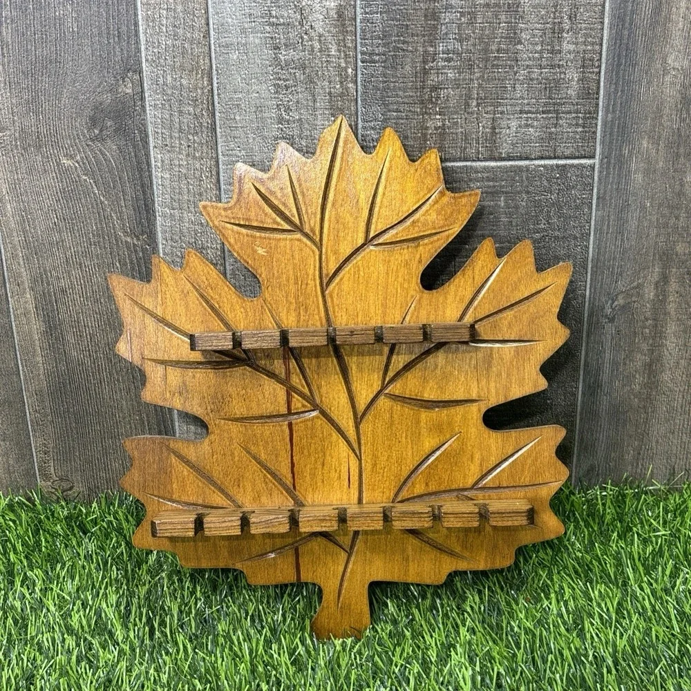 Vintage Wooden Leaf Wall Spoon Rack Mid Century Hand-Carved Display Holder Decor